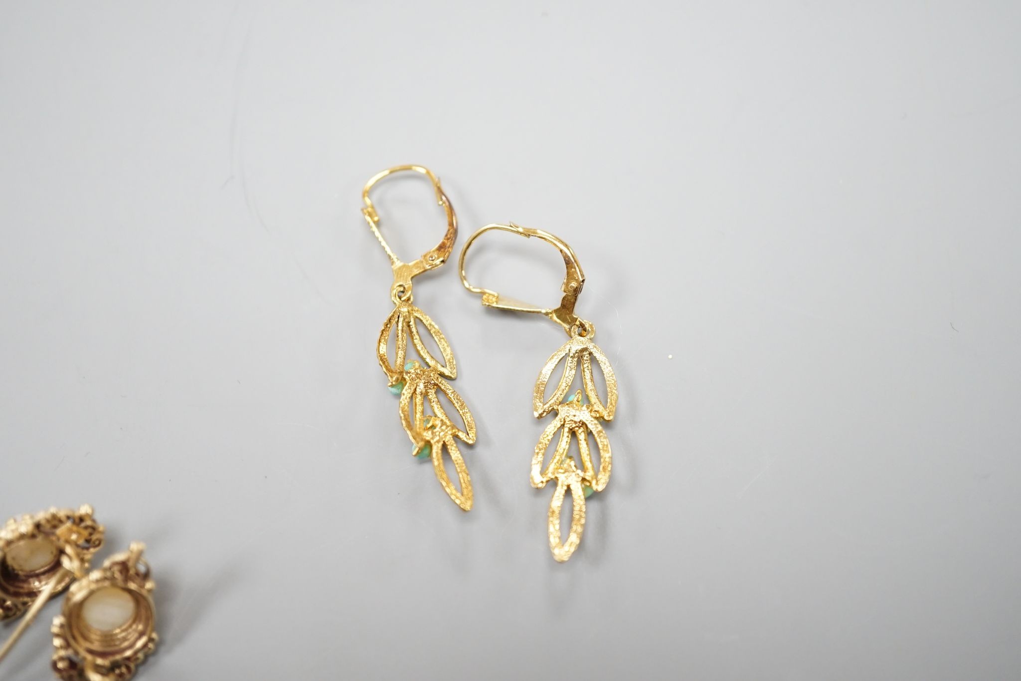 Two modern pairs of 14ct and gem set earrings, one with mabe pearl (a.f.) and one with turquoise, gross weight 7.1 grams.